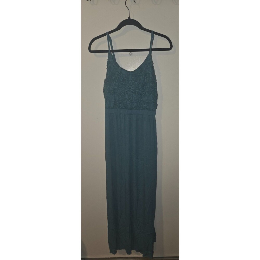 Time and Tru Womens Sz XL Teal Blue Spaghetti Strap Eyelet Maxi Dress Summer